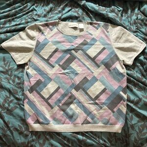 Alfred Dunner Vintage Gray Blue Short Sleeve Knit Top Geometric Pattern Large